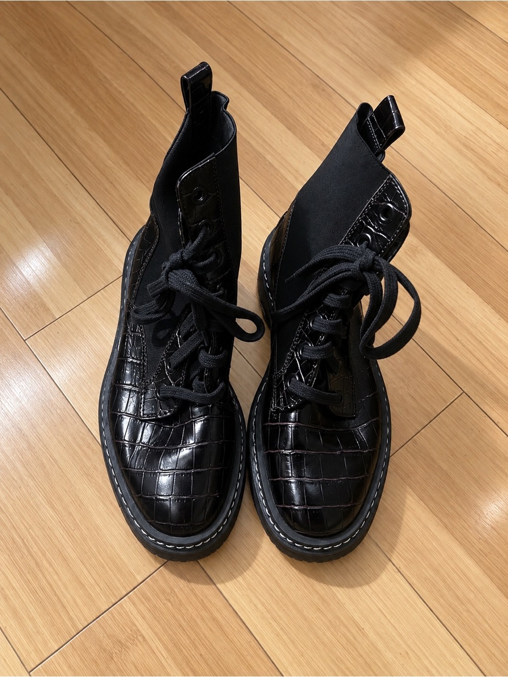Topshop Black Croc-Embossed Lace-Up Boots